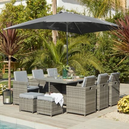 Cube 10 Seater Rattan Garden Dining Set with Grey Parasol - Grey Weave Polywood Top