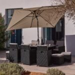 Cube 10 Seater Rattan Outdoor Dining Set with Cream LED Premium Parasol- Black Weave Polywood Top
