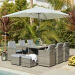 Cube 10 Seater Rattan Outdoor Dining Set with Cream LED Premium Parasol - Grey Weave Polywood Top