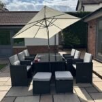 Cube 10 Seater Rattan Garden Dining Set with Cream LED Premium Parasol - Black Weave - Image 2