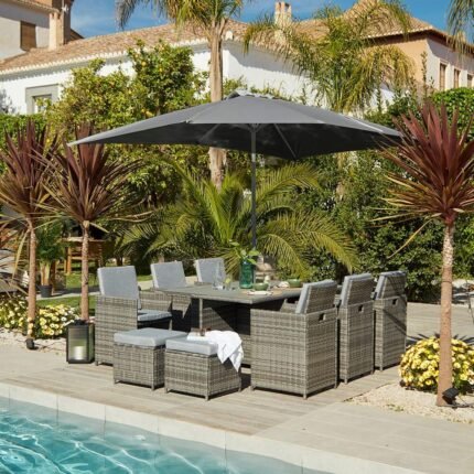 Cube 10 Seater Rattan Outdoor Dining Set with Grey LED Premium Parasol - Grey Weave Polywood Top