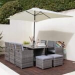 Cube 10 Seater Rattan Outdoor Dining Set with Cream LED Premium Parasol - Grey Weave