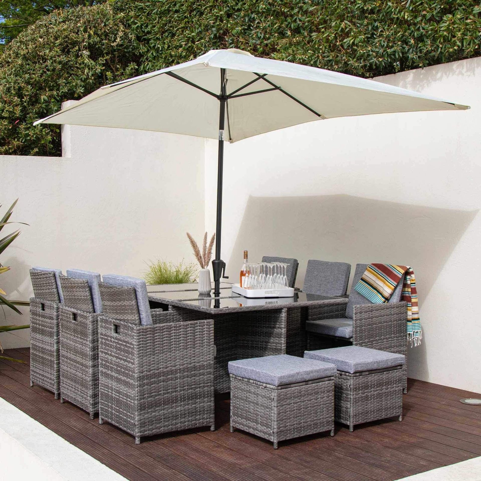 10CubeGreyE1Cropped Cube 10 Seater Rattan Outdoor Dining Set with Cream LED Premium Parasol - Grey Weave