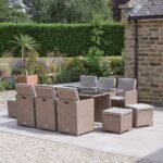 Cube 10 Seater Rattan Outdoor Dining Set with Grey LED Premium Parasol - Natural Brown Weave - Image 2