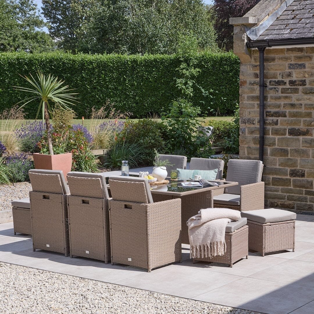 Cube 10 Seater Rattan Outdoor Dining Set with Cream LED Premium Parasol - Natural Brown Weave