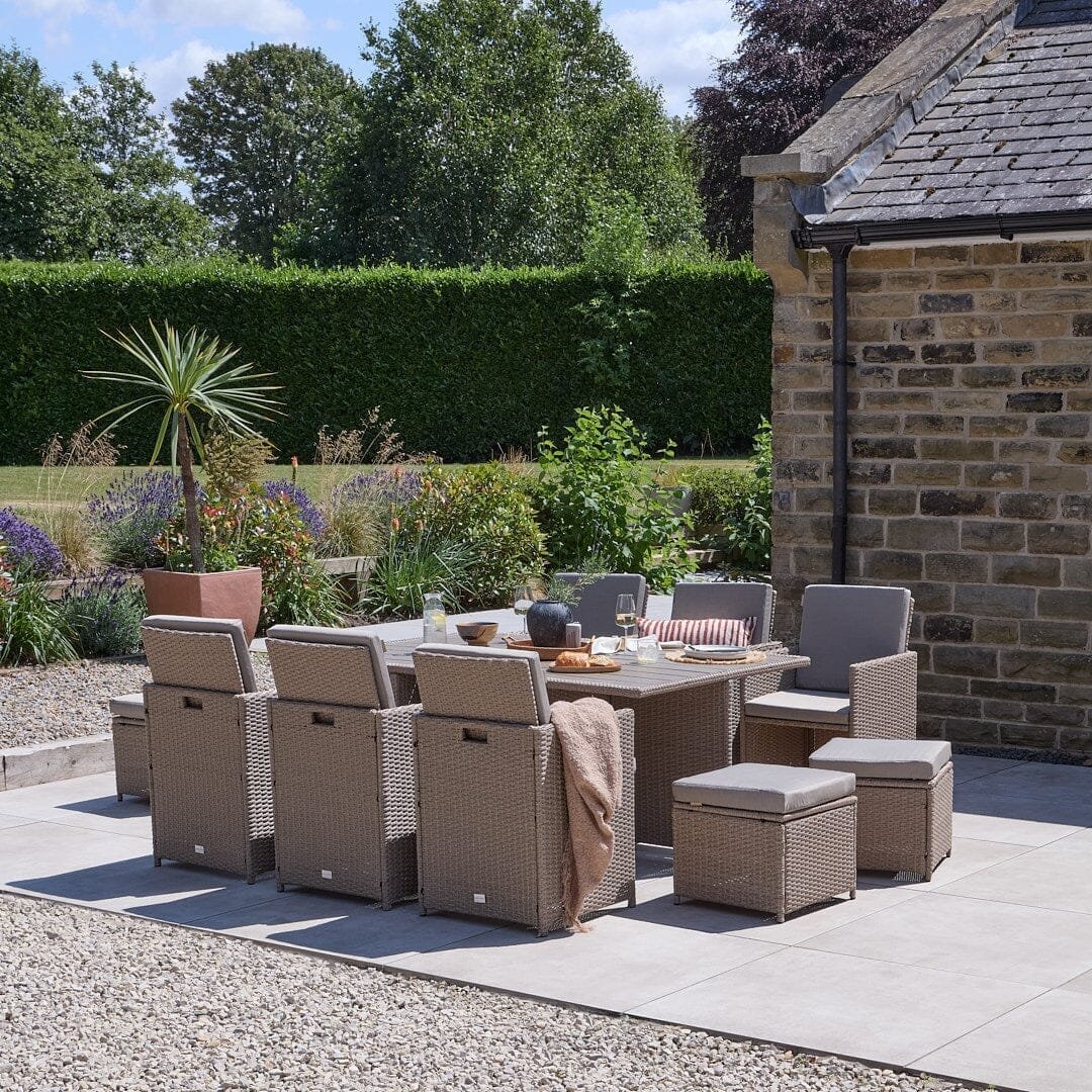 Cube 10 Seater Rattan Outdoor Dining Set with Cream Parasol - Natural Brown Weave Polywood Top