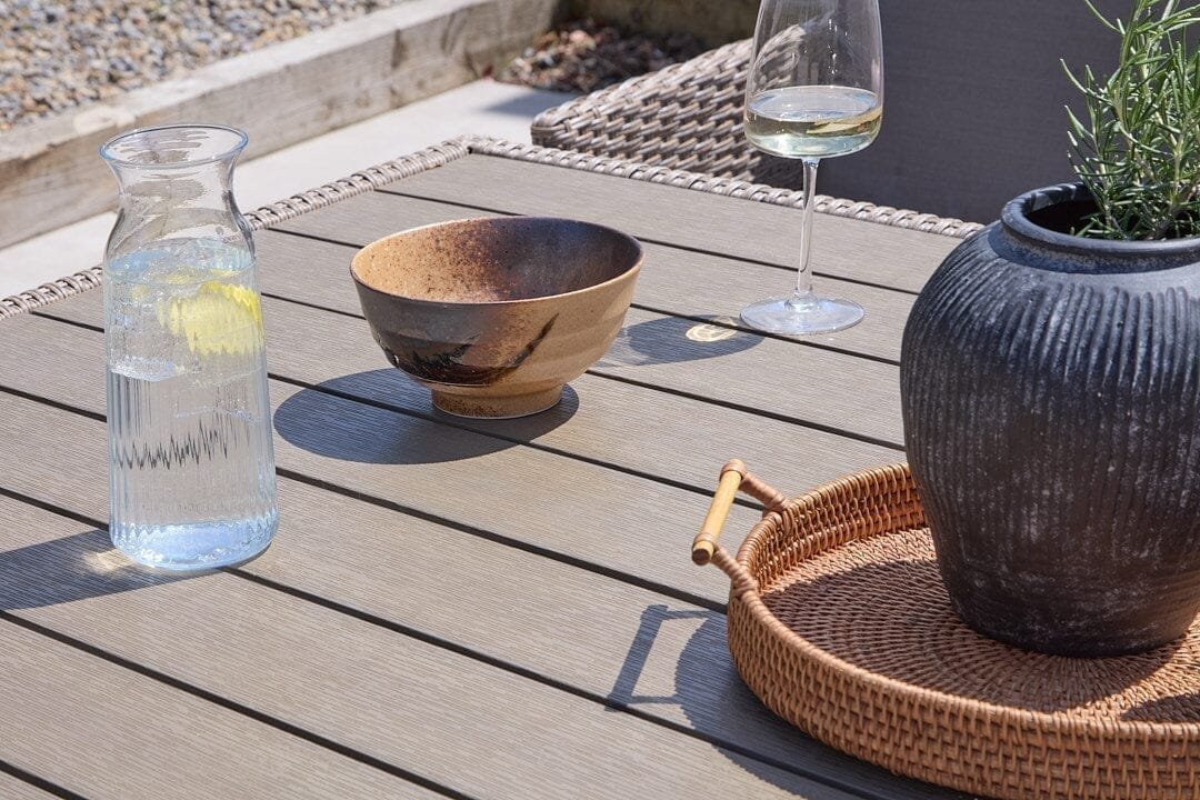Cube 10 Seater Rattan Outdoor Dining Set with Cream Parasol - Natural Brown Weave Polywood Top - Image 4