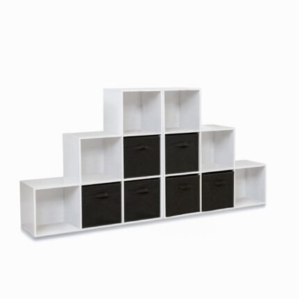 Cara 12 Cube Bookcase Ladder Storage Unit - Chalk White - Two 6 Cube Units - Black Basket