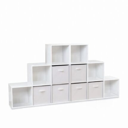 Cara 12 Cube Bookcase Ladder Storage Unit - Chalk White - Two 6 Cube Units - White Basket
