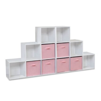 Cara 12 Cube Bookcase Ladder Storage Unit - Chalk White - Two 6 Cube Units - Pink Basket