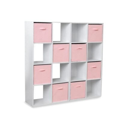 Cara 16 Cube Storage Unit - Chalk White - Two 8x2 Units - Pink Basket
