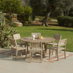 Shiro 6 Seater Round Wooden Garden Dining Set with Saffron Dining Chairs - Natural/Beige