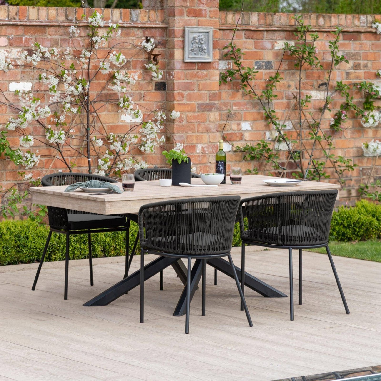 4 Amelia 4 Seater Wooden Garden Dining Set with 4 Hali Black Chairs - Light Brushed Acacia with Black Legs