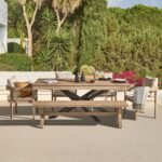 Amelia 6 Seater Wooden Garden Dining Set with 4 Imani Chairs & Charlotte Bench - Light Brushed Acacia with Black Legs