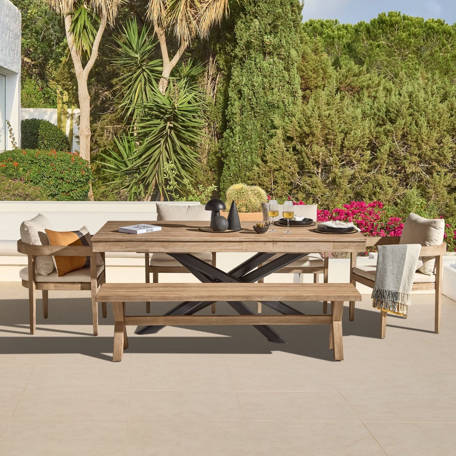 Amelia 6 Seater Wooden Garden Dining Set with 4 Imani Chairs & Charlotte Bench - Light Brushed Acacia with Black Legs - Image 1