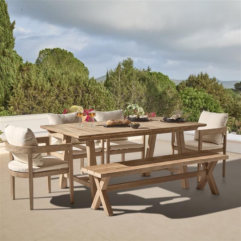 Shiro 6 Seater Wooden Garden Dining Set with 4 Imani Chairs & Charlotte Bench - Whitewash - Image 1