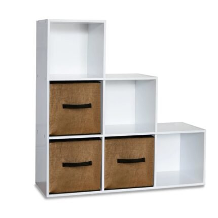 Cara 6 Cube Bookcase Ladder Storage Unit - Chalk White with Jute Boxes