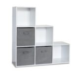 Cara 6 Cube Bookcase Ladder Storage Unit - Chalk White with Grey Boxes