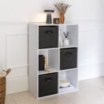 Cara 6 Cube Chalk White Bookcase Wooden Display Unit Shelving Storage Bookshelf Shelves - Black Basket - Image 3