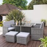 Cube 8 Seater Rattan Outdoor Dining Set with Grey LED Premium Parasol - Grey Weave - Image 6