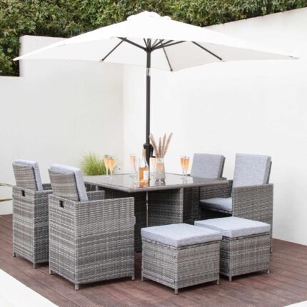 Cube 8 Seater Rattan Outdoor Dining Set with LED Premium Parasol - Grey Weave with Grey Cushion