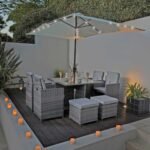 Cube 8 Seater Rattan Outdoor Dining Set with LED Premium Parasol - Grey Weave with Grey Cushion - Image 2