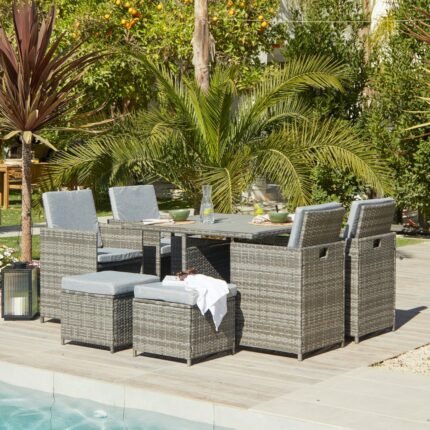 Cube 8 Seater Rattan Outdoor Dining Set - Grey Weave Polywood Top