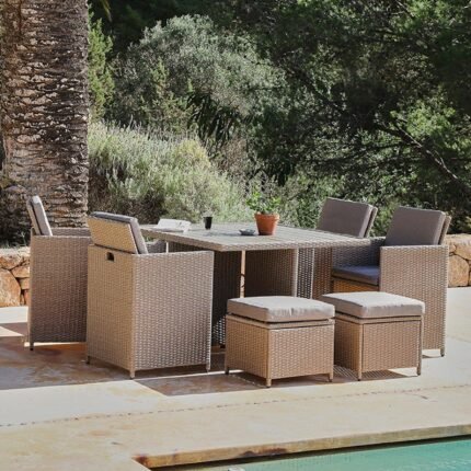 Cube 8 Seater Rattan Outdoor Dining Set -  Natural Brown Weave Polywood Top