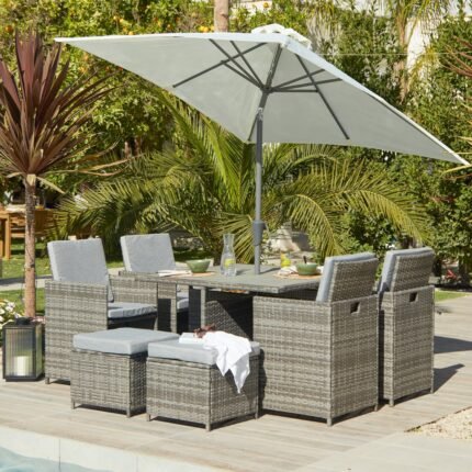 Cube 8 Seater Rattan Outdoor Dining Set Cream LED Premium Parasol  - Grey Weave Polywood Top