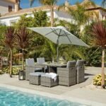 Cube 8 Seater Rattan Outdoor Dining Set Cream LED Premium Parasol  - Grey Weave Polywood Top - Image 3