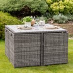 Cube 8 Seater Rattan Outdoor Dining Set Grey LED Premium Parasol  - Grey Weave Polywood Top - Image 6