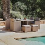 Cube 8 Seater Rattan Outdoor Dining Set with Grey LED Premium Parasol - Natural Brown Weave Polywood Top - Image 2