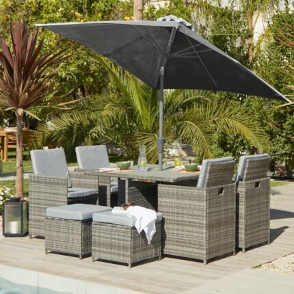 Cube 8 Seater Rattan Outdoor Dining Set with Grey Parasol - Grey Weave Polywood Top
