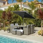 Cube 8 Seater Rattan Outdoor Dining Set with Grey Parasol - Grey Weave Polywood Top - Image 2
