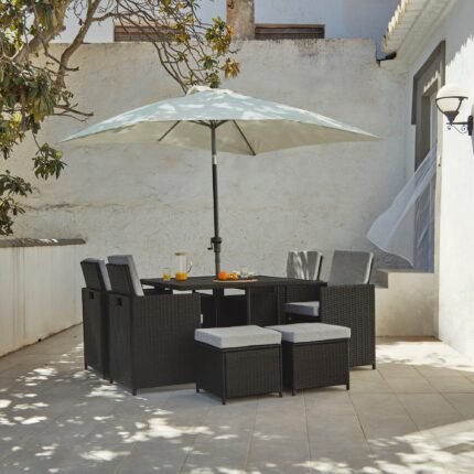 Cube 8 Seater Rattan Outdoor Dining Set with Cream LED Premium Parasol  - Black Weave Polywood Top