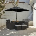 Cube 8 Seater Rattan Outdoor Dining Set with Grey LED Premium Parasol  - Black Weave Polywood Top