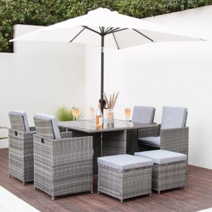 Cube 8 Seater Rattan Outdoor Dining Set with Parasol - Grey Weave