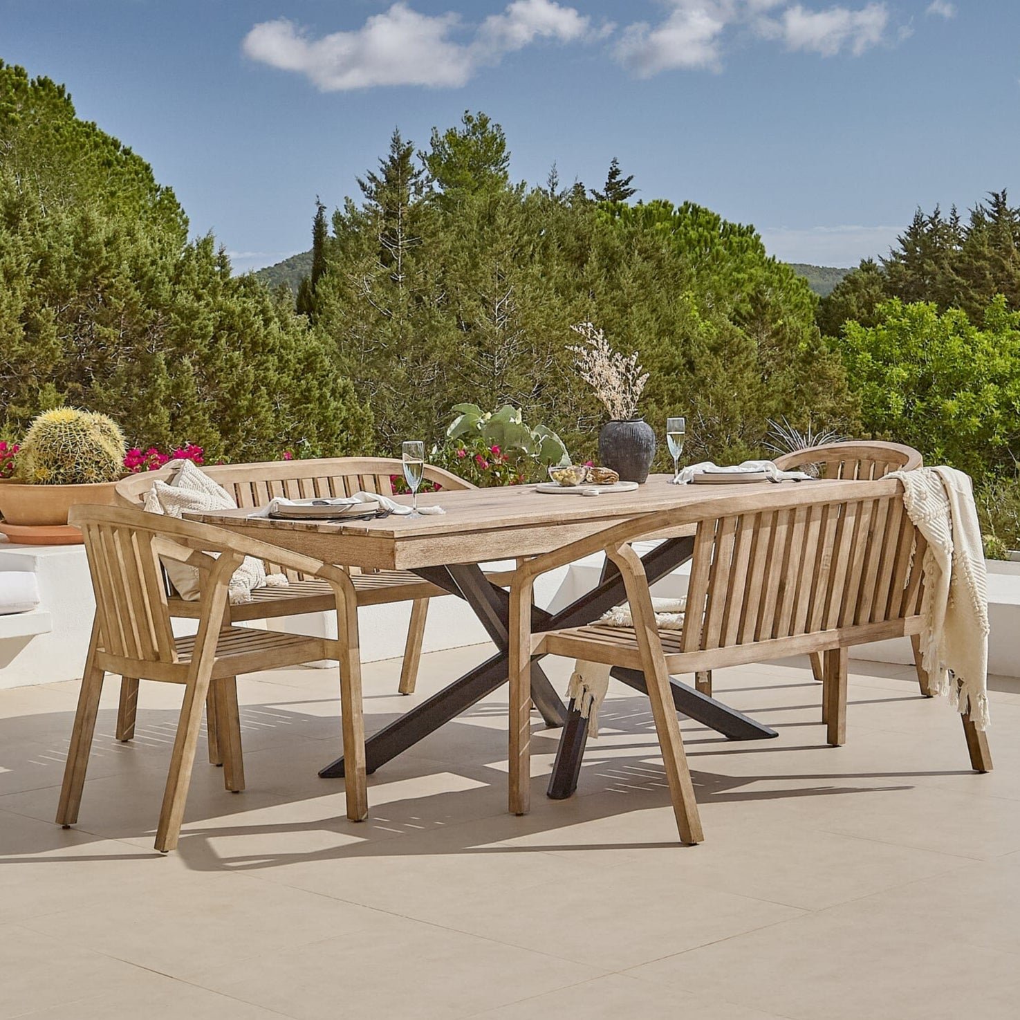 Amelia 6 Seater Wooden Garden Dining Set with 2 Shiro Chairs & 2 Benches - Image 1