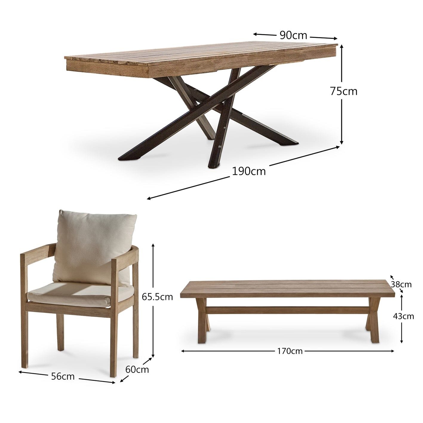 Amelia 6 Seater Wooden Garden Dining Set with 4 Imani Chairs & Charlotte Bench - Light Brushed Acacia with Black Legs - Image 24