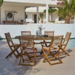 Ashby 6 Seater Wooden Round Garden Dining Set with 6 Cove Rope Chairs & Cream Parasol  - 160cm - Image 8