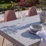 Amelia 6 Seater Pale Grey Concrete Garden Dining Set with Wren Dusty Pink Chairs - Image 7