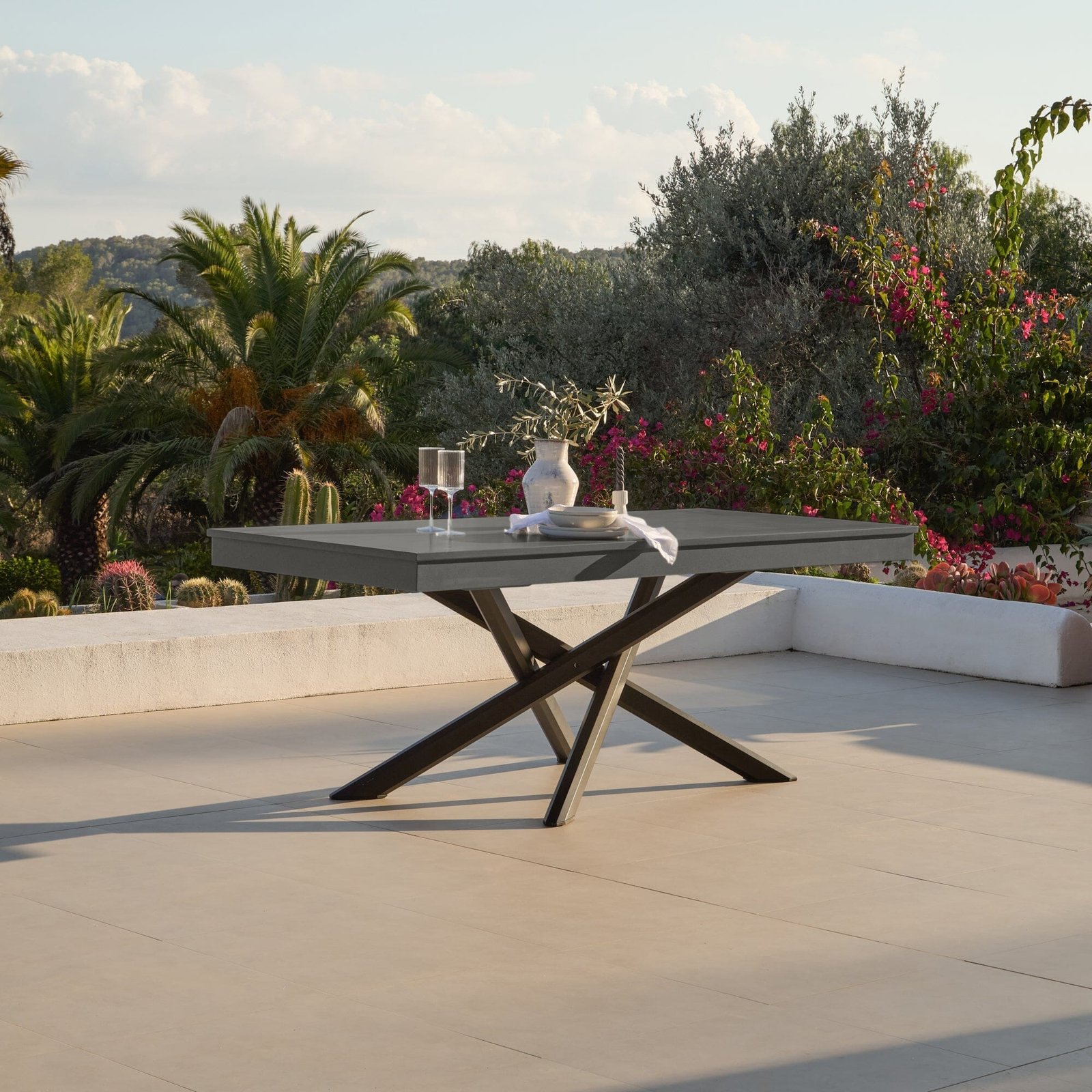 Amelia 6 Seater Concrete Garden Dining Table - Metal Legs - Dove Grey - Image 1