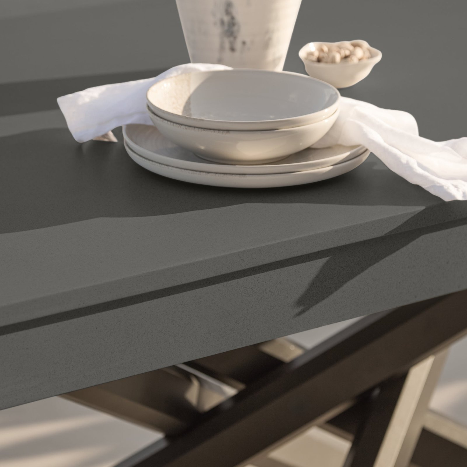 Amelia 6 Seater Concrete Garden Dining Table - Metal Legs - Dove Grey - Image 5