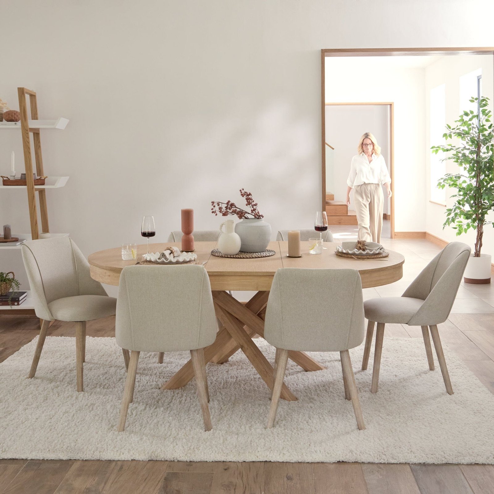 Amelia Whitewash Oval Extending Dining Table Set - 6 Seater - Freya Sand Dining Chairs - Whitewash Oak Legs - Image 4