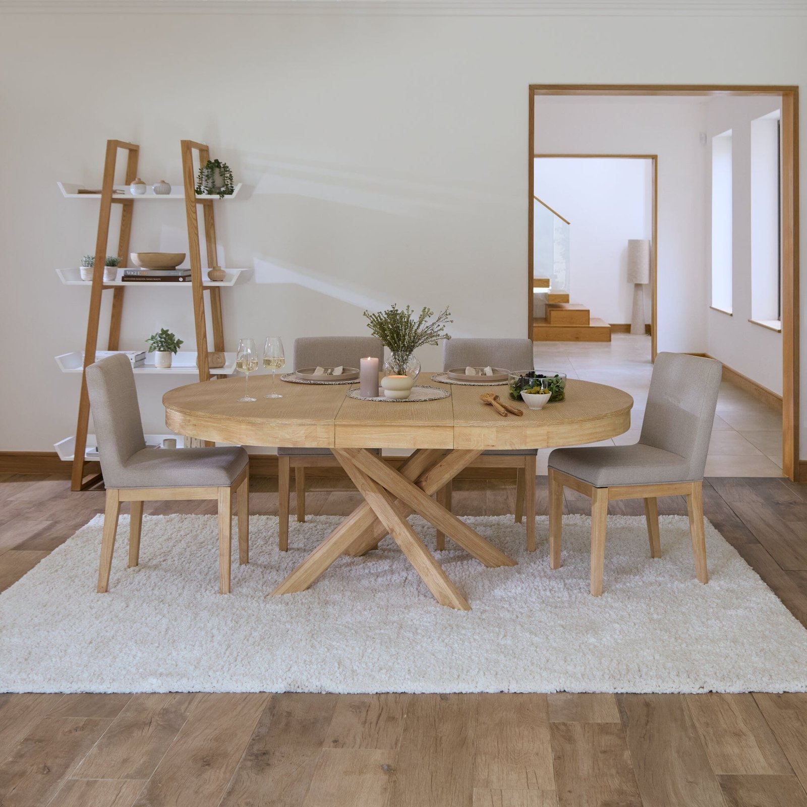 Amelia Whitewash Oval Extending Dining Table Set - 4 Seater - Nolan Fawn Linen Dining Chairs - Whitewash Oak Legs - Image 1