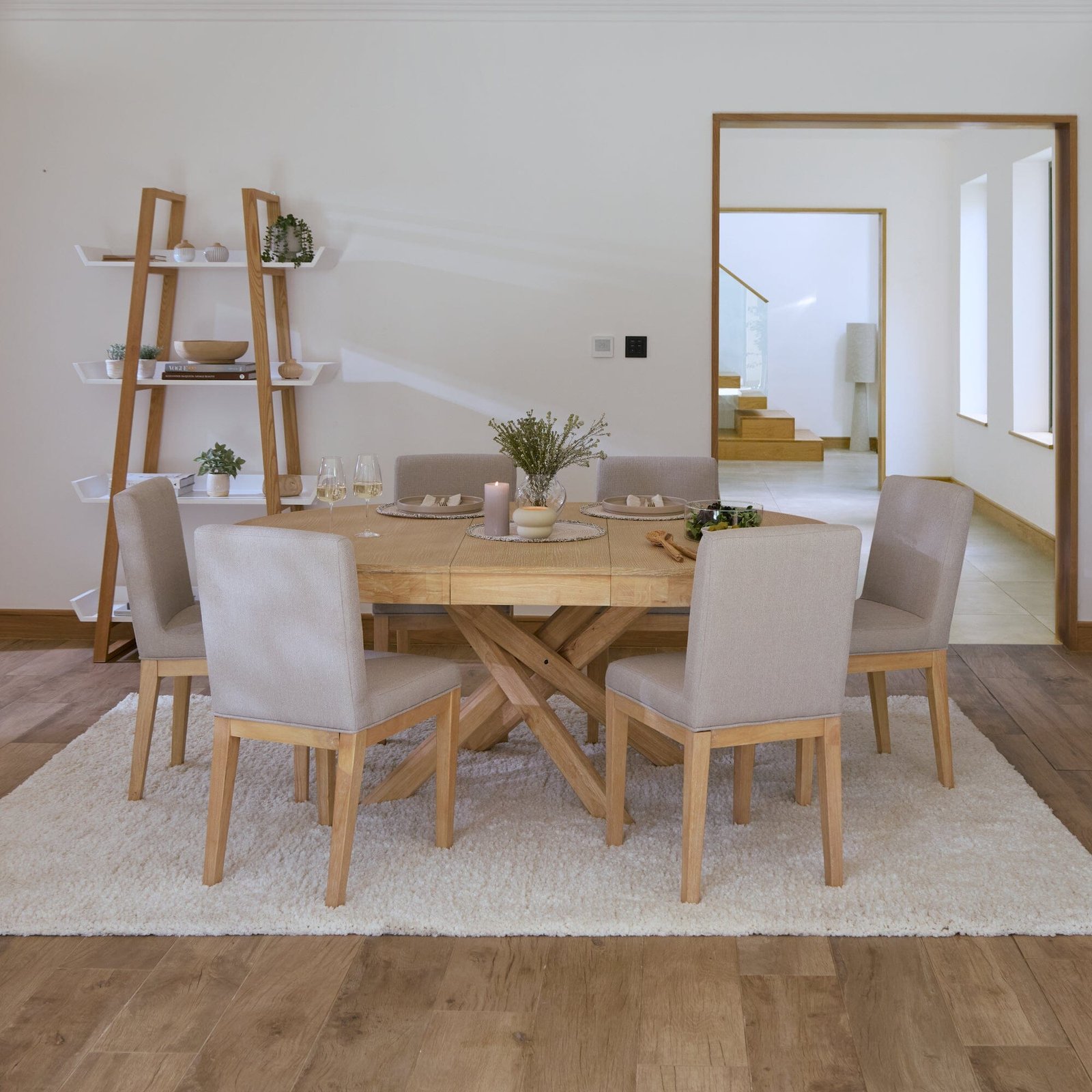 Amelia Whitewash Oval Extending Dining Table Set - 4 Seater - Nolan Fawn Linen Dining Chairs - Whitewash Oak Legs - Image 2