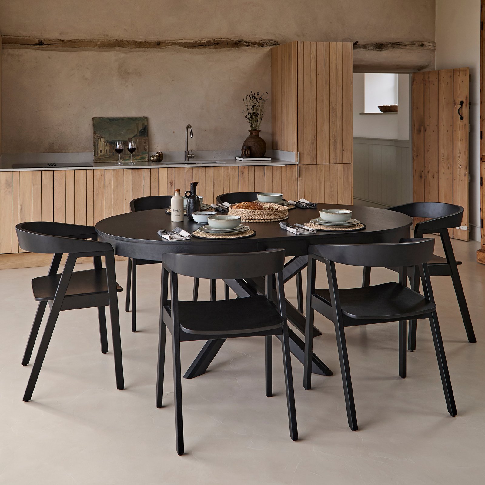 Amelia Black Oak Oval Extending Dining Table Set - 6 Seater - Ella Black Oak Carver Chairs - Image 1