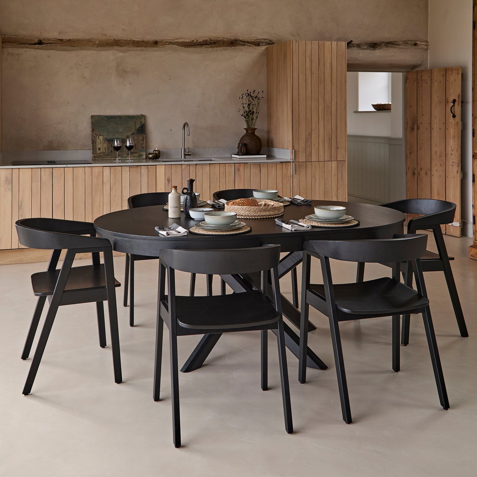 Amelia Black Oak Extendable Oval Dining Table Set - 6 Seater - Ella Black Oak Armchairs - Image 1