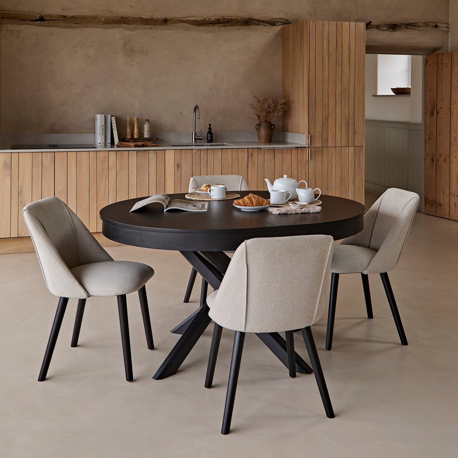 Amelia_Oval_140-180cm_Extending_Dining_Table_Black_Oak_and_Freya_Sand_Black_Legs-1 Amelia Black Oak Oval Extending Dining Table Set - 4 Seater - Freya Sand Dining Chairs - Black Oak Legs - Image 1