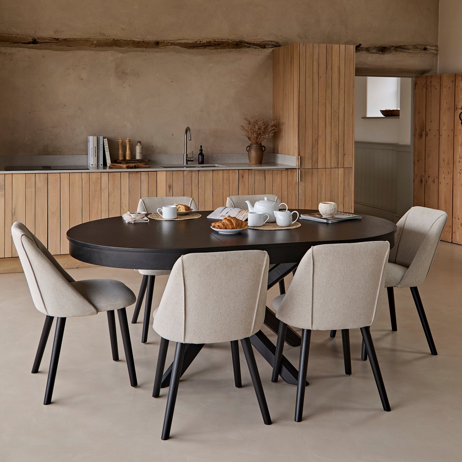 Amelia Black Oak Oval Extending Dining Table Set - 4 Seater - Freya Sand Dining Chairs - Black Oak Legs - Image 2
